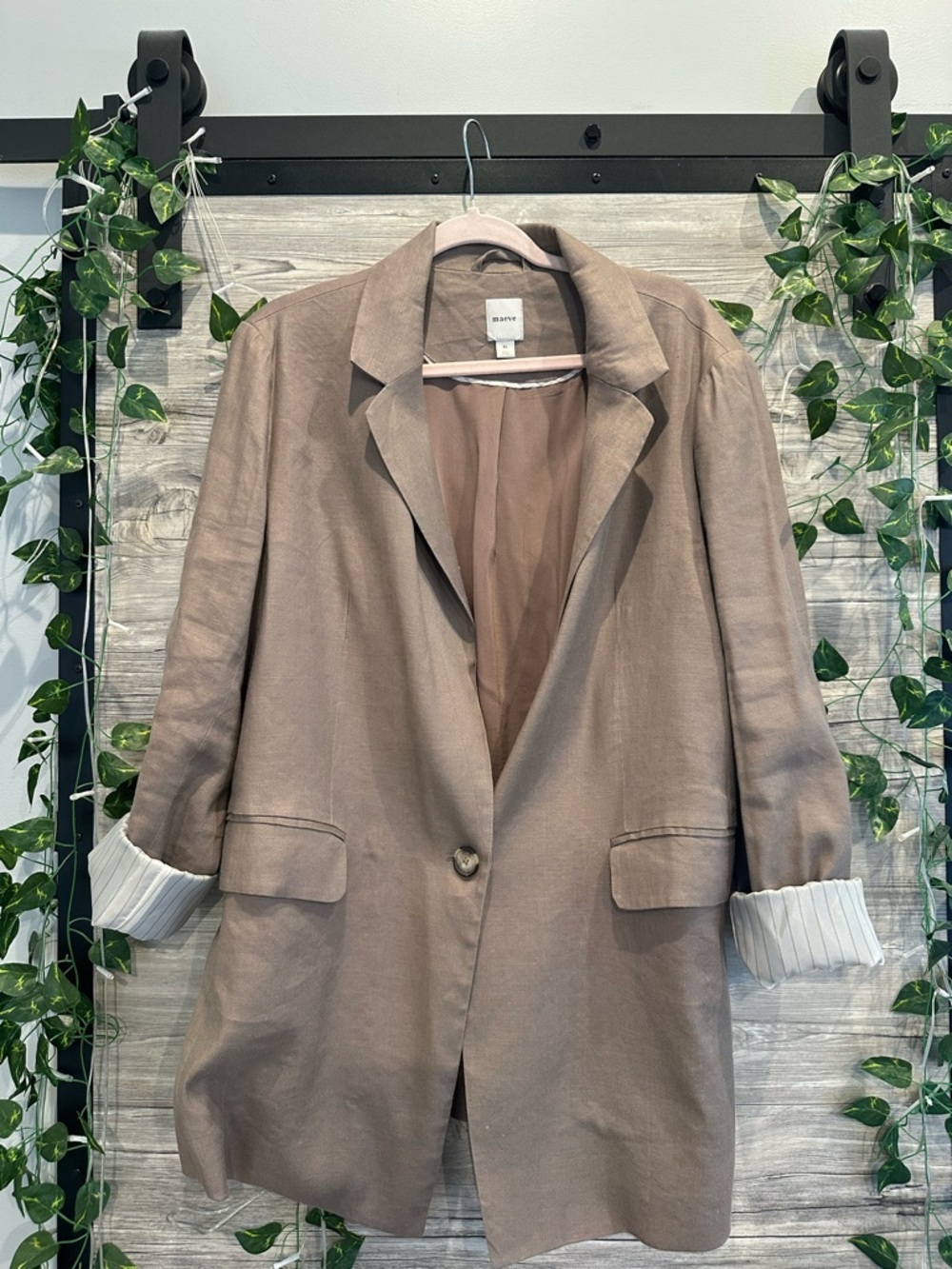Anthropologie Maeve Linen Blend Taupe Longline Blazer Jacket - XL